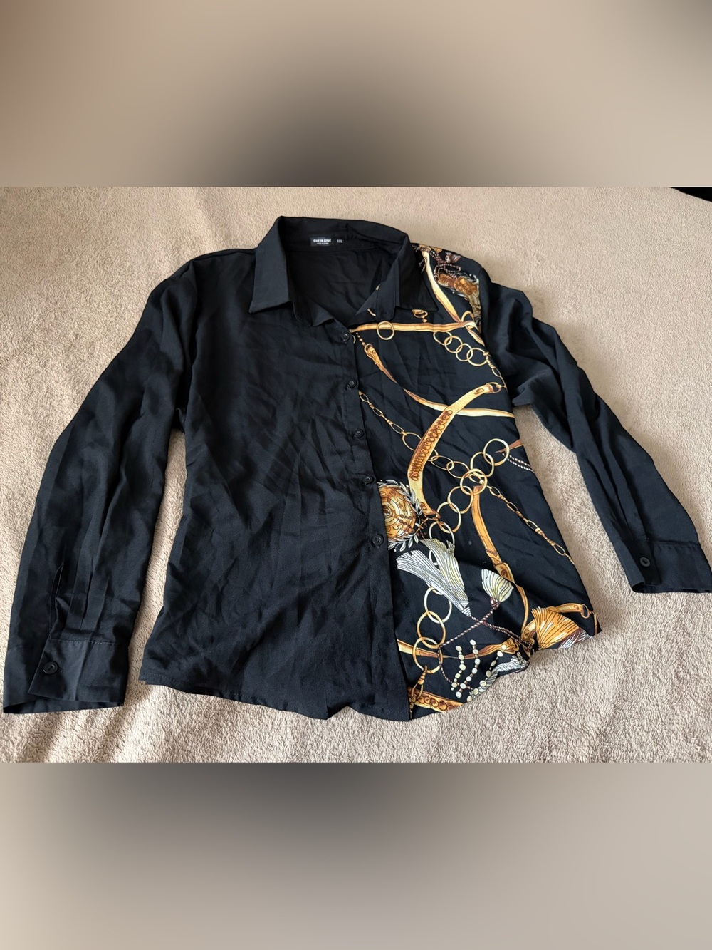Black Button-Down Shirt with Gold Chain Print Panel